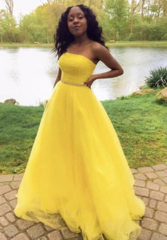 A line Yellow tulle long evening dress