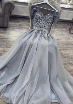 A line Gray tulle lace long evening dress