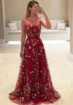 A-Line Burgundy Floral Lace Long Prom Dresses