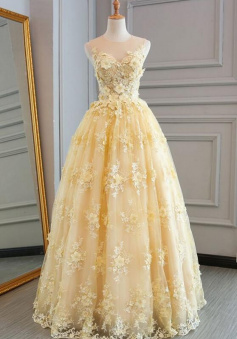 A Line Yellow tulle lace long prom dress