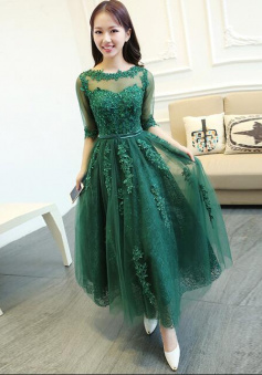 A Line Tea Length Green Lace Prom Dress