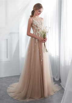 Elegant Champagne prom dress with lace party dress