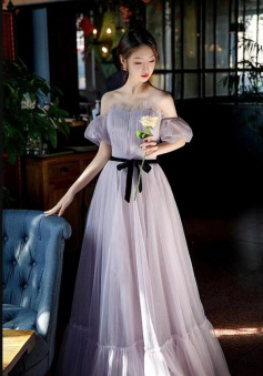 Off shoulder a line purple tulle evening dress