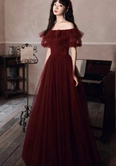 Off Shouder Burgundy long chic evening dress