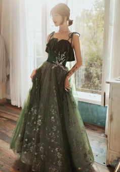 Spaghetti Strap A Line Green Sky Evening Dress