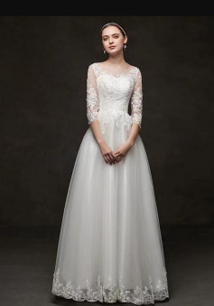 Simple floor length a line lace wedding dress with long sleeve