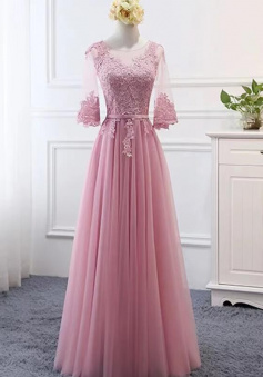Elegant Round-neck Pink Long bridesmaid dresses