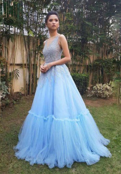A Line Tulle Sky Blue V Neck Long Prom Gown