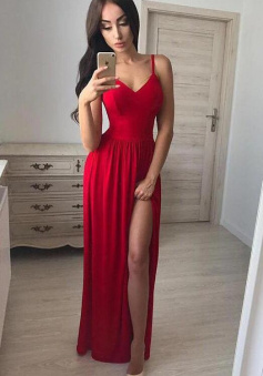Simple Sexy RedSpaghetti Straps Long  Prom Dresses With Side Slit