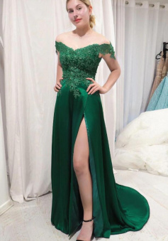 Off the Shoulder Emerald Green High Slit A-Line Prom Dress