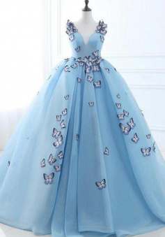 A Line Ball Gown Long Sky Blue V Neck Prom Dress
