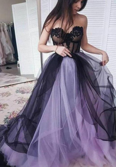 Vintage Sweetheart Long Tulle Lilac Black Prom Dress with Appliques
