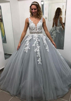 A Line Gray V Neck Long Prom Dress With Beading