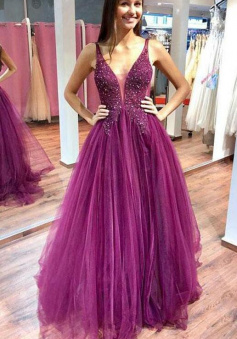 A Line Tulle Beading Lace Prom Dresses