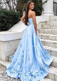 A Line Sky Blue Long Satin Prom Dresses with 3D Floral Applique