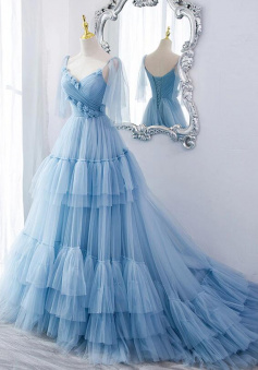 Mermaid v neck tulle long formal prom dress