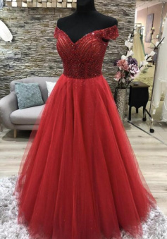 A Line Off Shoulder tulle prom dress with Sequin