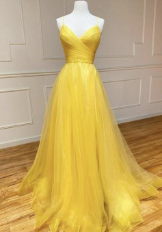 A line tulle long yellow prom evening dress