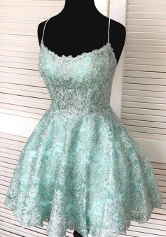 Cute A Line Lace Backless Short Prom Dress