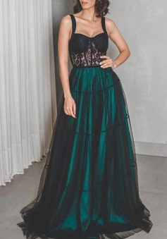 Floor Length A Line Long Dark Green Black Straps Prom Dresses