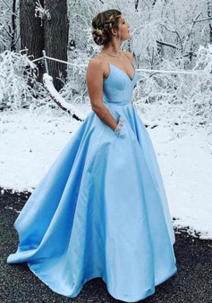 Simple V Neck Light Blue Satin Long Prom Dresses with Pocket