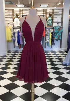 Simple Short Wine Red Chiffon Homecoming Dresses