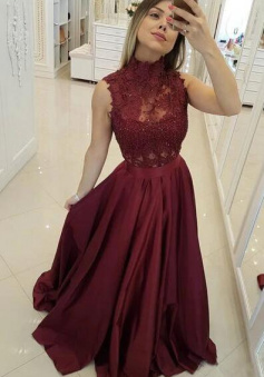 High Neck Lace Top Prom  Long Burgundy Evening Dresses