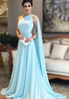 One Shoulder Chiffon Light Blue Formal Prom Dresses