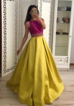 A Line Satin Yellow Sleeveless Long Prom Dresses With Beaded