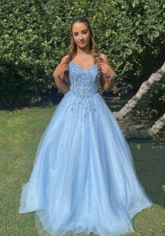 A line Blue tulle lace long prom dress
