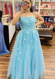 A-Line Light Blue Long Prom Dress with Lace Appliques