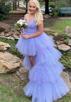 Charming Hi-Low Lavender Tiered Tulle Long Prom Dress