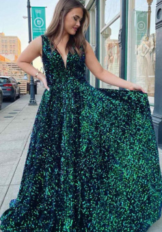 Sexy Dark Green V Neck Sequins Long Prom Dress