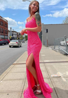 Hot Pink Sequins Long Prom Dresses with Slit