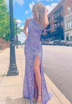 SImple One Shoulder Lavender Sequins Long Prom Dress
