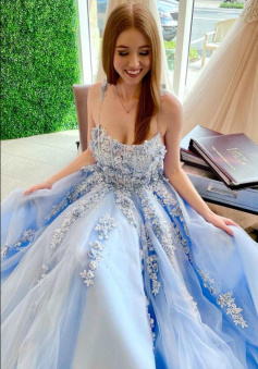 A Line Light Sky Blue Long Prom Dress with Lace Appliques