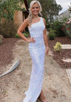 One Shoulder White Sequins Long Evening Dress With Side Slit