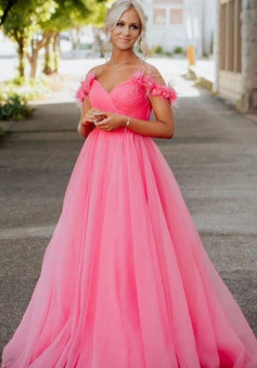 Charming Off the shoulder Hot Pink Long Chiffon Prom Dress