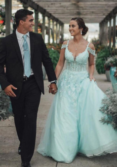 Elegant Mint Green Lace Prom Dress Off Shoulder