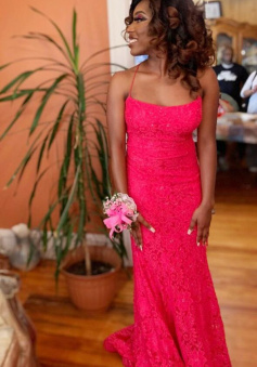 Spaghetti Straps Hot Pink Lace Prom Dress