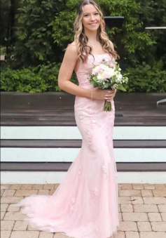 Mermaid Long Pink Prom Dress with Lace Appliques