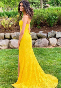 Spaghetti Straps Mermaid Side Slit Yellow Lace Prom Dress