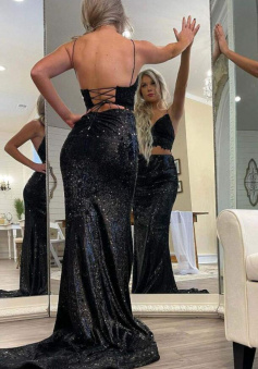 Glitter Two Piece Black Long Sequin Prom Dress with Lace Top