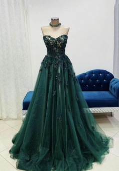 A Line Green Lace Long Tulle Prom Dress