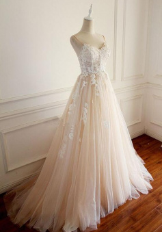 Champagne tulle lace applique long prom dress