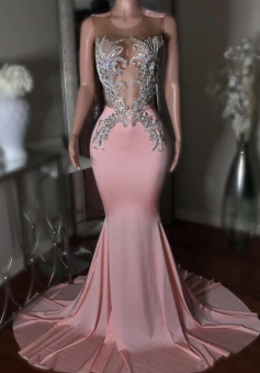 Mermaid beads prom dress pink evening dress