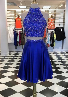 A Line Two Pieces Short Prom Dresses with Beading