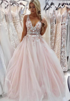 Floor-Length Pink Tulle Prom Dress with Appliques