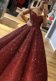 Off the Shoulder Burgundy Sequined Ball Gown Prom Dress