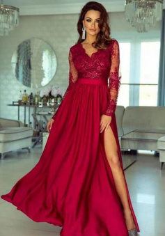 Charming V Neck Lace Prom Dresses With Long Sleeves